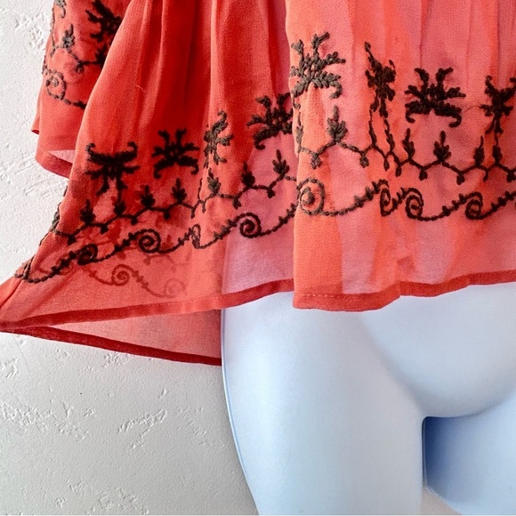 FREE PEOPLE Pennies Sequel Semi-Sheer Rust Embroidered Boho Peasant Blouse XS - Picture 8 of 11